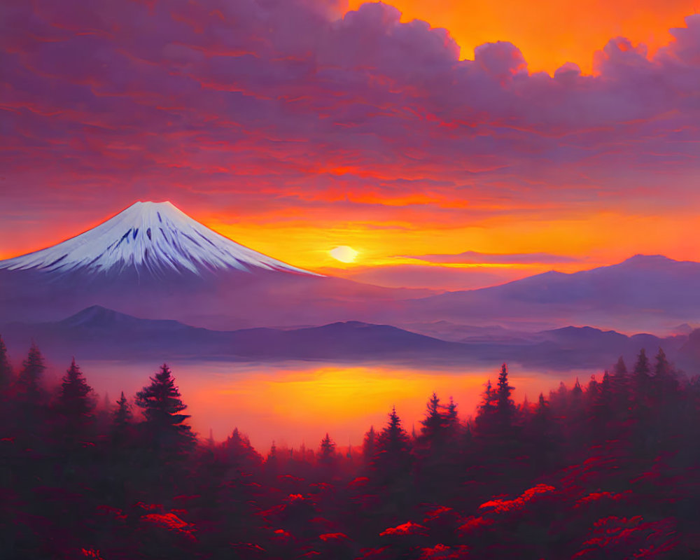Scenic painting of Mount Fuji at sunrise with radiant sky and serene lake