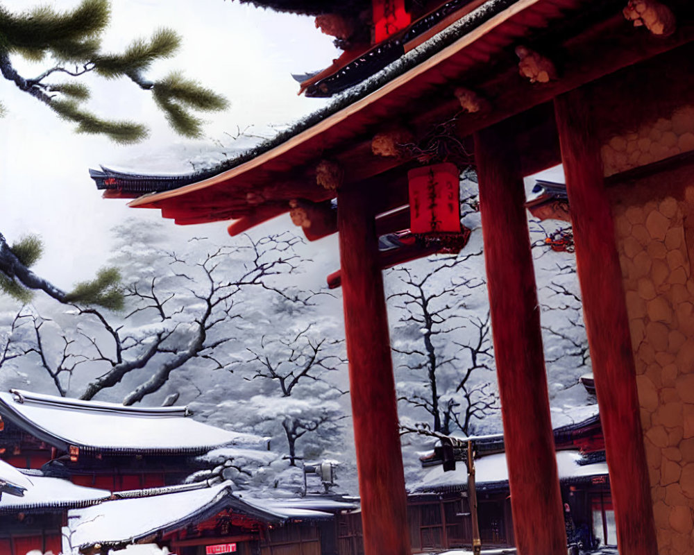 Snow-covered shrine with red lanterns in wintry landscape and Japanese architecture.