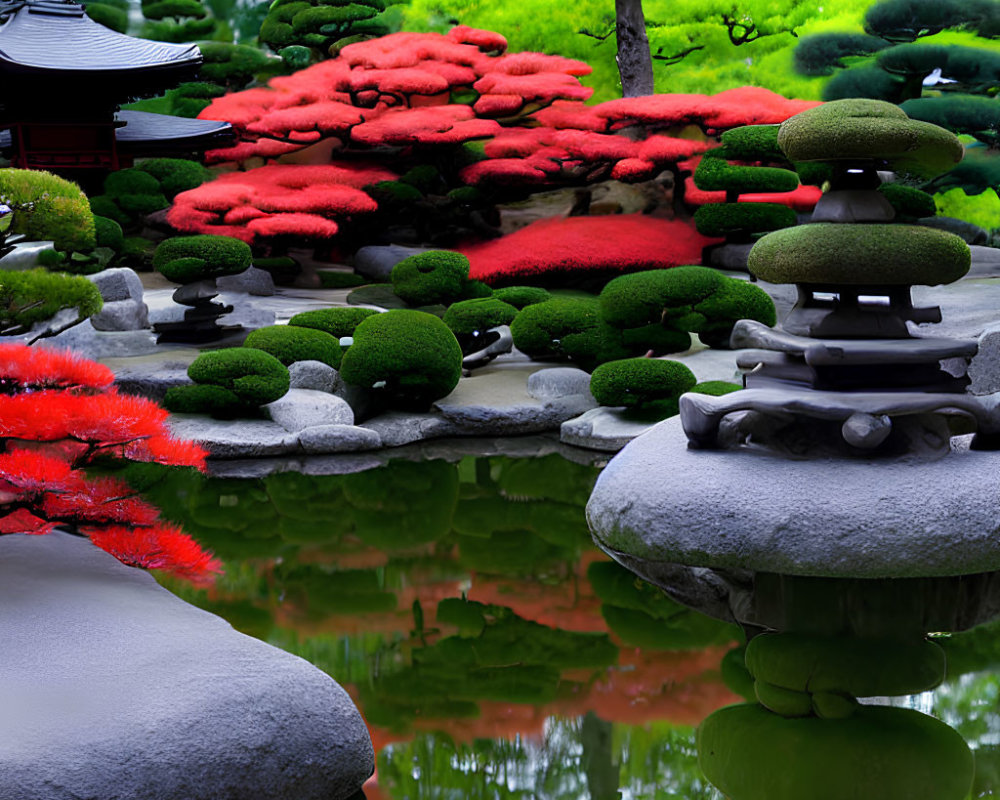 Tranquil Japanese garden with red maple trees and stone lantern