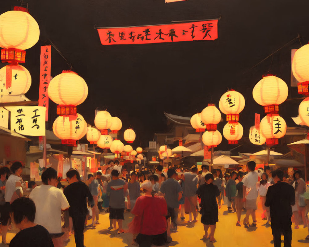 Night Market Scene with Glowing Lanterns and Crowds