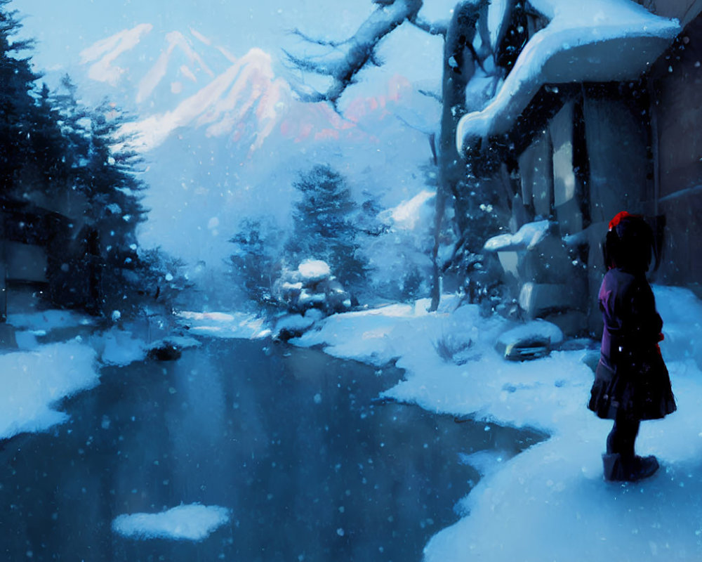 Child in Purple Coat Standing by Snowy Riverbank in Dusky Winter Scene