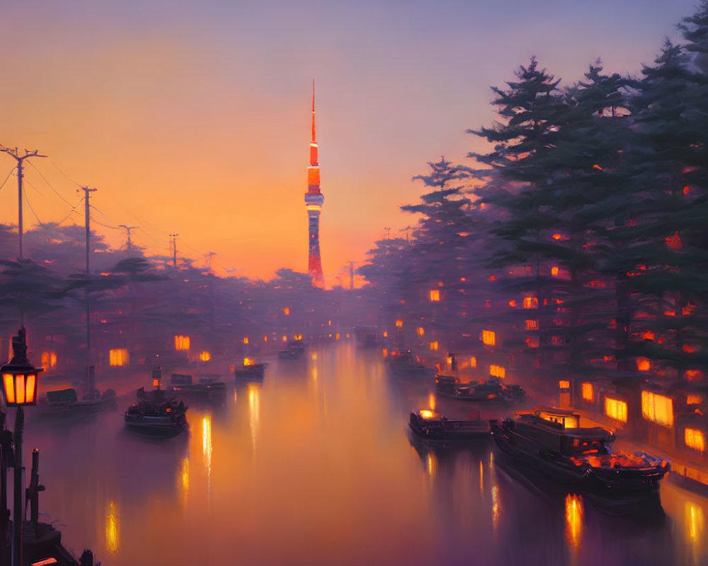 Twilight scene with glowing tower, misty water, and silhouetted pine trees