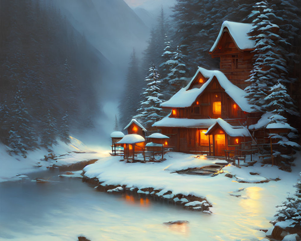 Cozy wooden cabin in serene winter landscape