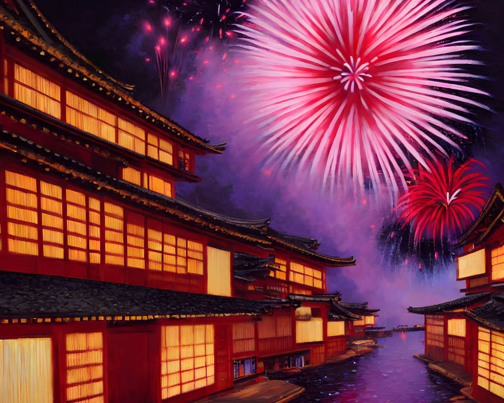 Traditional Japanese street with vibrant fireworks