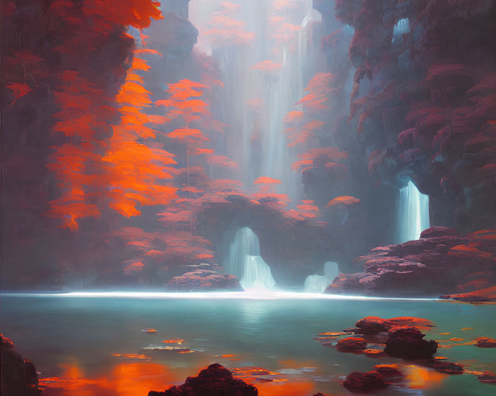 Ethereal Scene: Fiery Orange Foliage, Turquoise Water, Rocky Cliffs