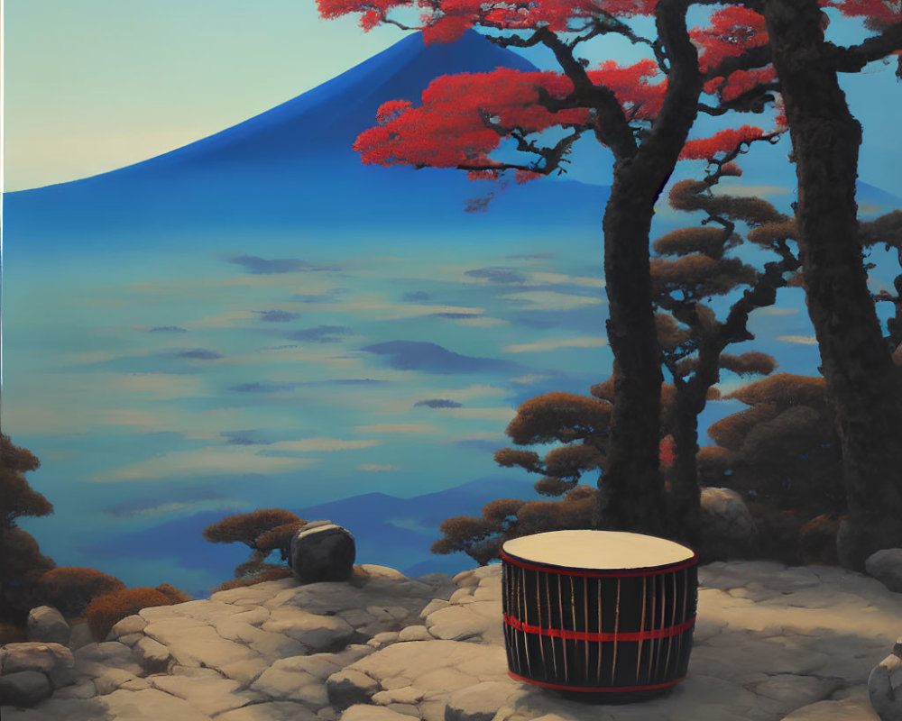 Surreal landscape with red trees, drum, rocky terrain, blue mountain