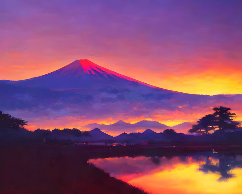 Scenic painting of Mount Fuji at sunrise with fiery sky and tranquil lake