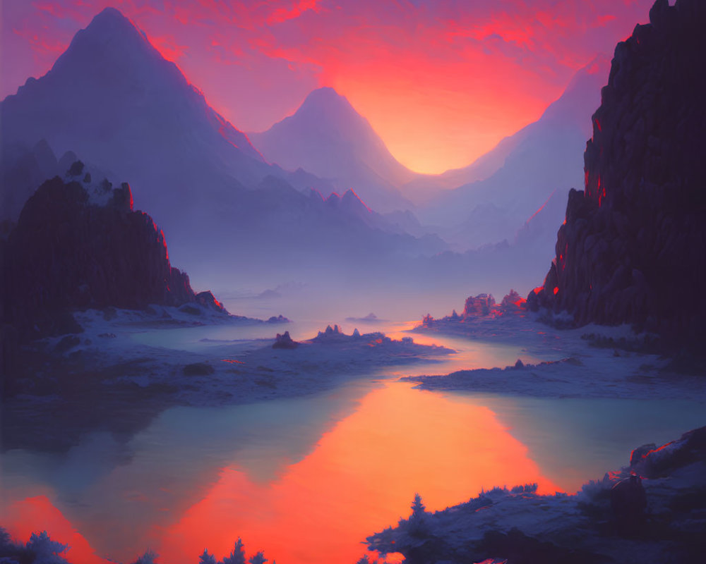 Scenic landscape with tranquil river, vibrant sunset, mountains, and pine tree silhouettes