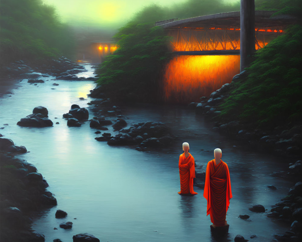 Monks in orange robes in misty stream with bridge at dawn or dusk