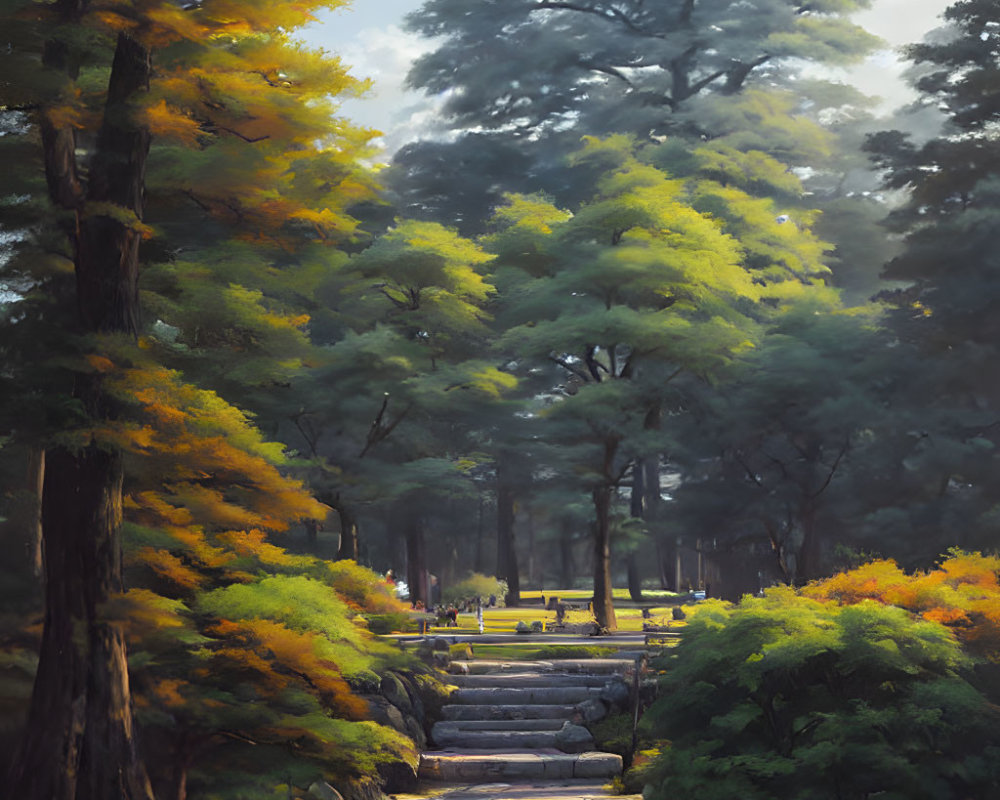 Autumn forest with stone steps under soft sunlight