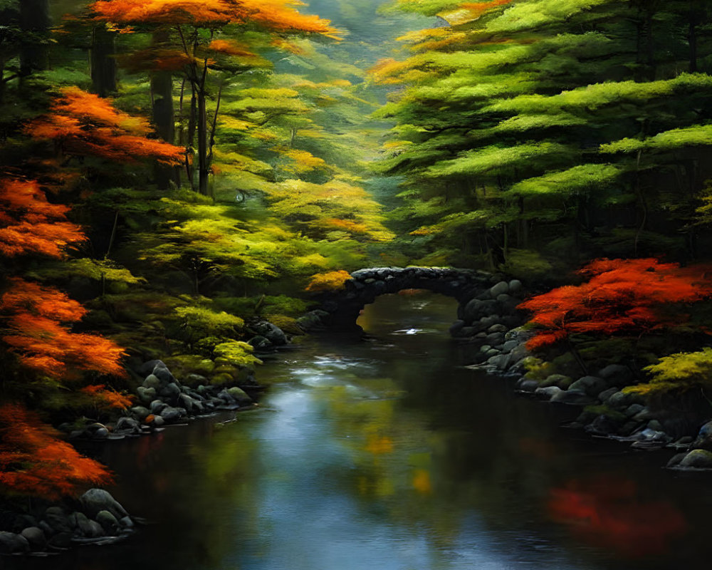 Tranquil river with autumn trees and stone bridge in misty forest