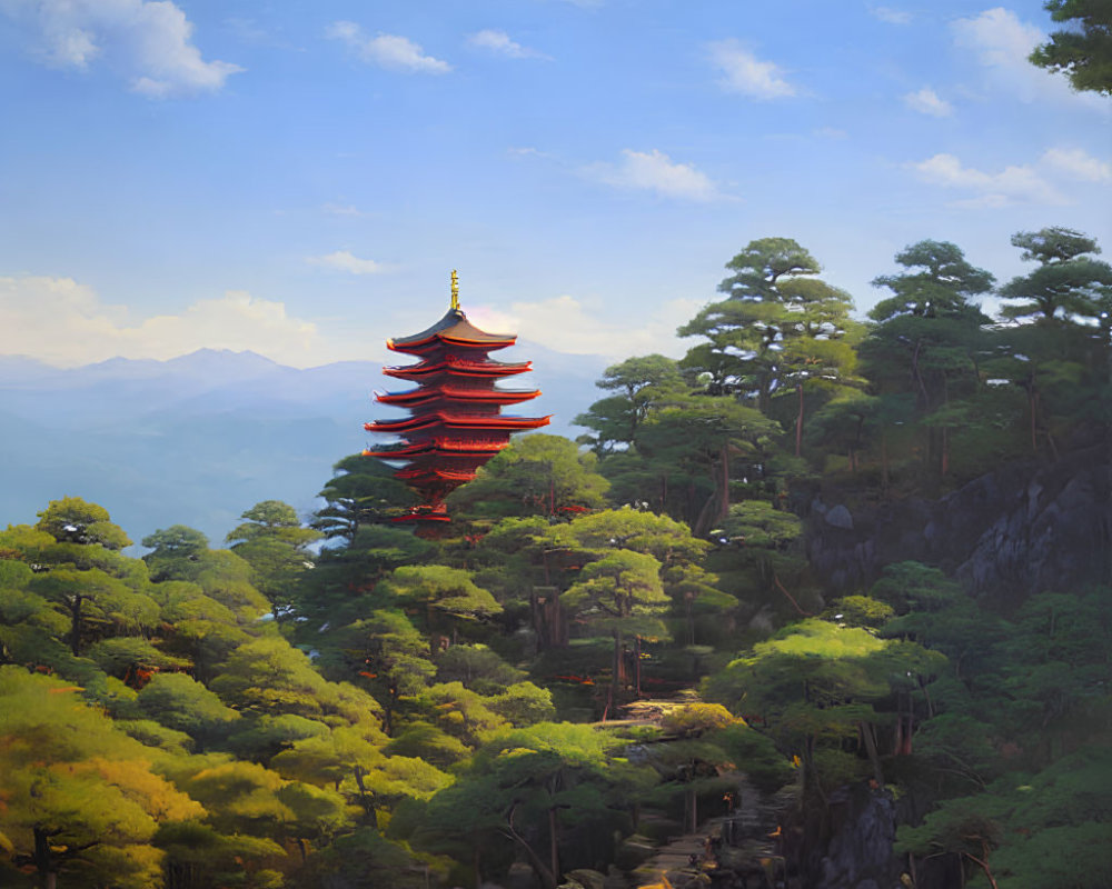 Tranquil Red Pagoda Landscape with Green Trees and Mountains