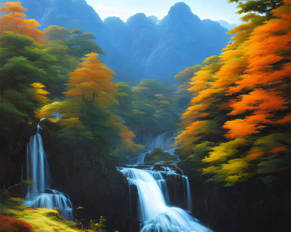 Tranquil landscape painting: waterfalls, autumn trees, soft light