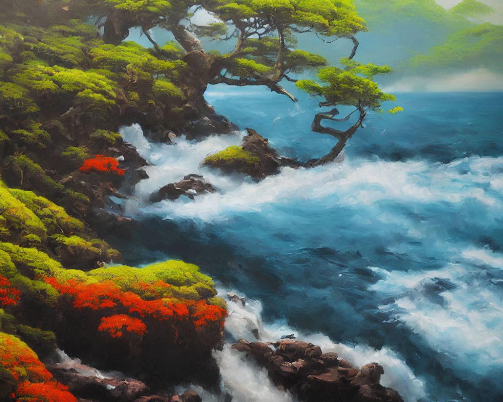 Colorful coastal landscape with turbulent waves, red flora, and lush green trees.