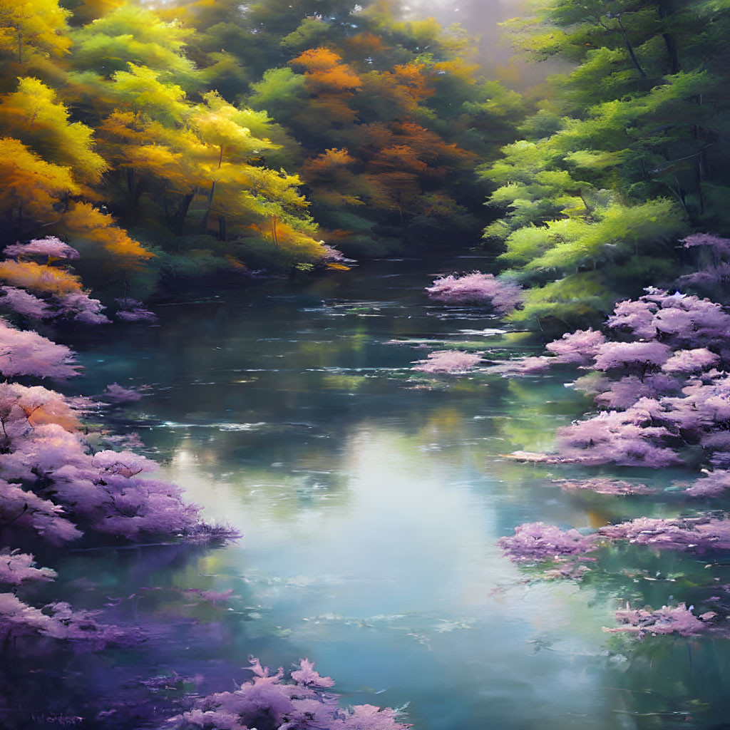 Tranquil river in vibrant forest with colorful foliage