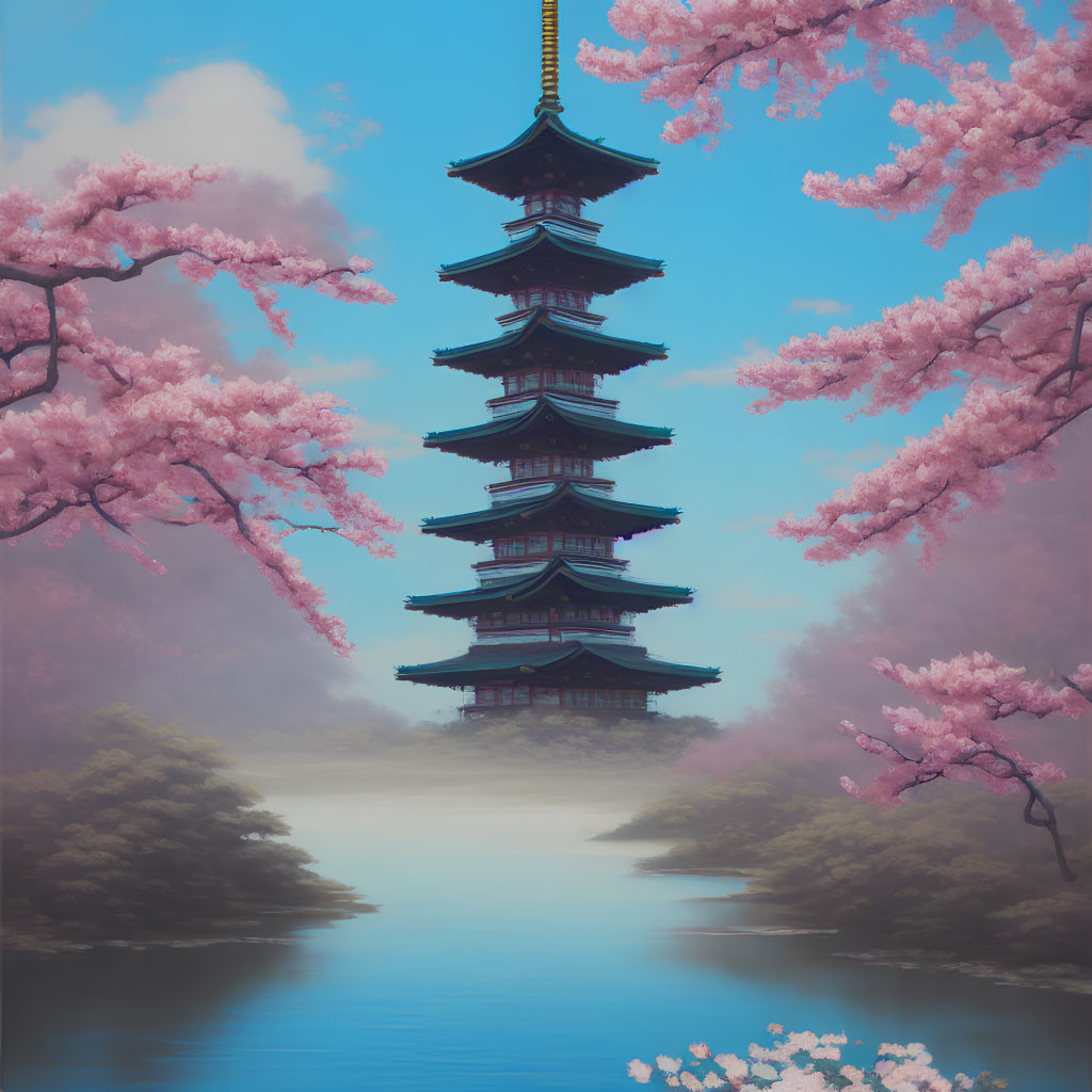Traditional Pagoda Surrounded by Cherry Blossoms and Lake Under Misty Sky