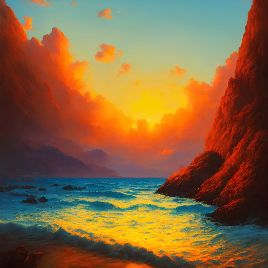 Scenic sunset over tranquil sea with fiery clouds and golden hues