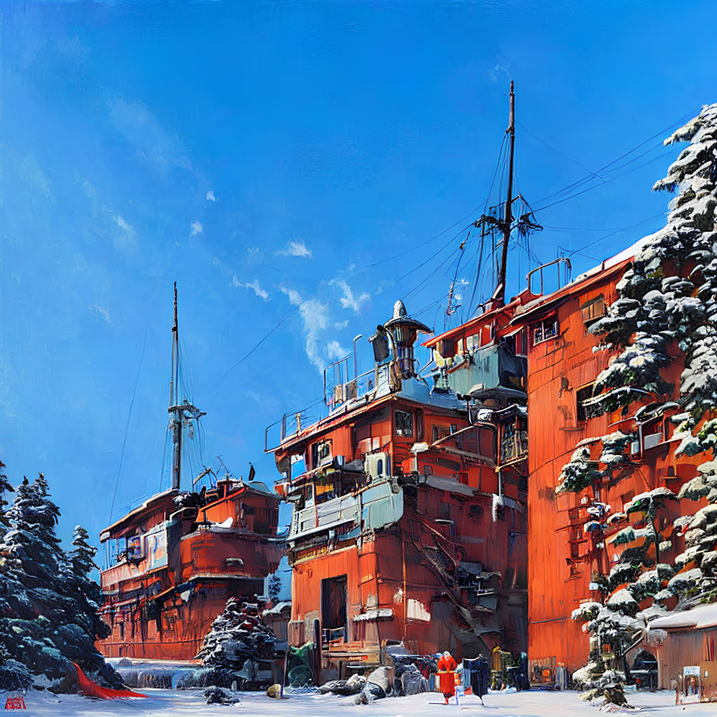 Large Red Ship Covered in Snow Docked in Winter Landscape