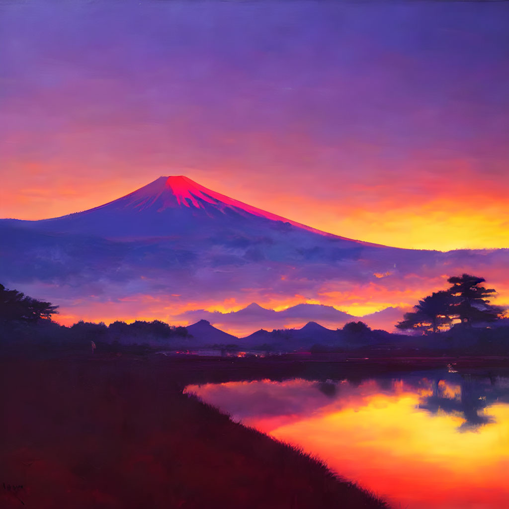 Scenic painting of Mount Fuji at sunrise with fiery sky and tranquil lake