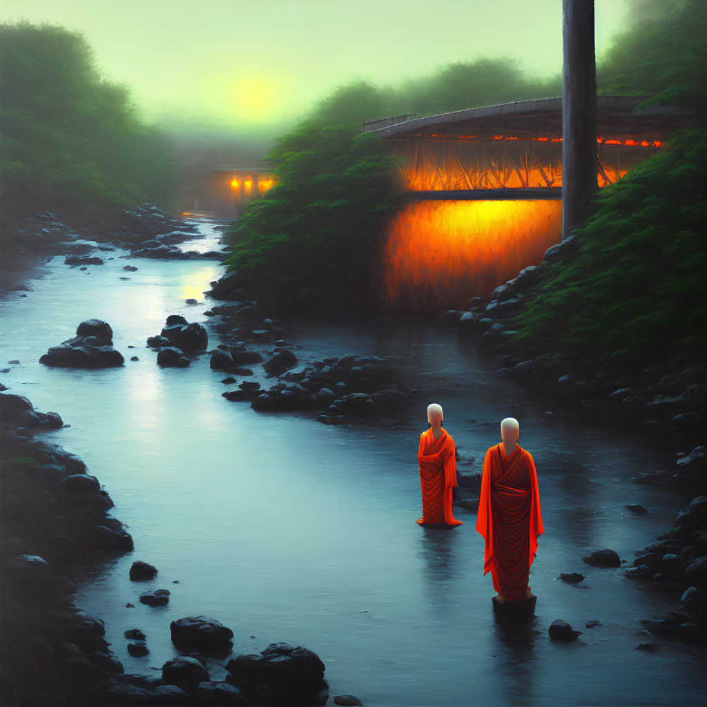 Monks in orange robes in misty stream with bridge at dawn or dusk