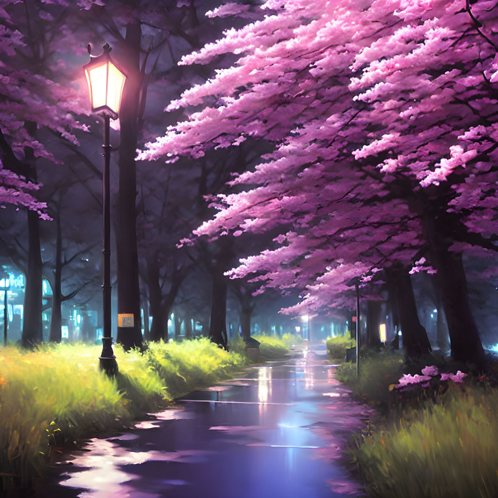 Tranquil Pathway with Glowing Street Lamps and Cherry Trees at Twilight