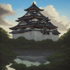 Japanese castle with tiered roofs in serene setting surrounded by lush foliage and reflected in pond under cloudy sky