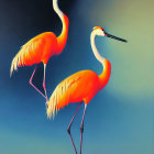 Vibrant orange flamingos on soft blue background