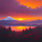Scenic painting of Mount Fuji at sunrise with radiant sky and serene lake