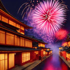 Traditional Japanese street with vibrant fireworks
