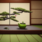 Green teapot and cup on tatami mat with Japanese sliding door and bonsai tree