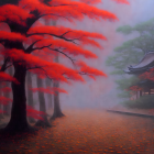 Foggy red-leafed trees pathway to Asian-style building
