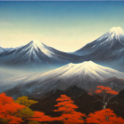 Snowy Mountain Peaks Over Autumn Forest in Serene Painting