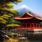 Scenic Japanese temple by pond with Mount Fuji backdrop