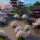 Japanese pagoda surrounded by cherry blossoms under blue sky