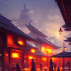 Misty red-hued ancient Asian street at dusk with glowing lanterns.