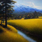 Serene stream in lush meadow with golden grasses, trees, and snow-capped mountains