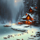 Cozy wooden cabin in serene winter landscape