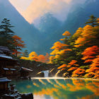 Tranquil autumnal mountain landscape with lake, trees, and traditional house