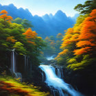 Tranquil landscape painting: waterfalls, autumn trees, soft light