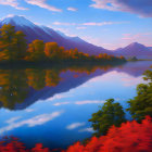 Autumn landscape: vibrant fall foliage, serene lake, snow-capped mountains