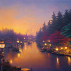 Twilight scene with glowing tower, misty water, and silhouetted pine trees