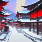 Snow-covered street with red buildings, lanterns, and mountain backdrop.