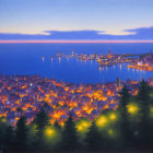 Coastal Town at Dusk with Lit Streets and Harbor View
