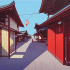 Traditional Japanese Street with Red Lanterns and Wooden Buildings