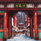 Ancient Asian street scene with red pillars, traditional buildings, pagoda, and mountain backdrop under wooden