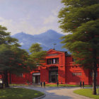 Classical red building with green trees, people walking, misty mountains