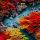 Colorful artwork of people in mystical forest with red foliage and water bodies