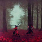 Silhouetted individuals with swords in misty red forest