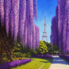 Colorful park scene with purple wisteria trees, people, and tower against blue sky