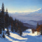 Snow-covered winter landscape with mist and mountains